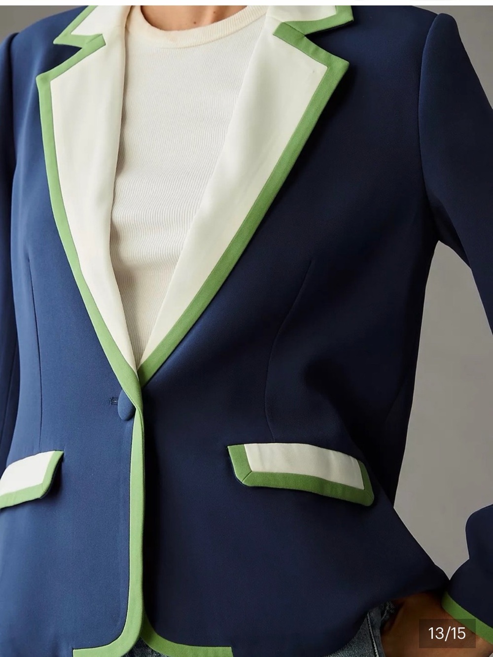 Mauve by Anthropologie French Navy Blazer with White & Green Trim Sz XS - Picture 4 of 9